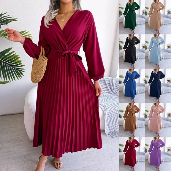 qafoshin Fall Pleated Dresses for Women V Neck Long Sleeve Midi Dress Waistband Classic Ruched Dress