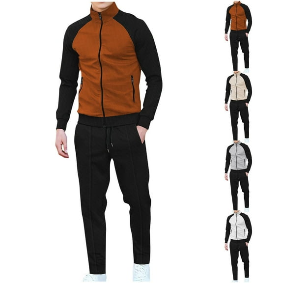 VBTAPA Color Block Track Suit for Men Waffle Knit Casual Sweatsuit Raglan Long Sleeve Full Zip Hoodie Jacket with Drawstring Pants Jogging Matching Set with Pockets Caramel M