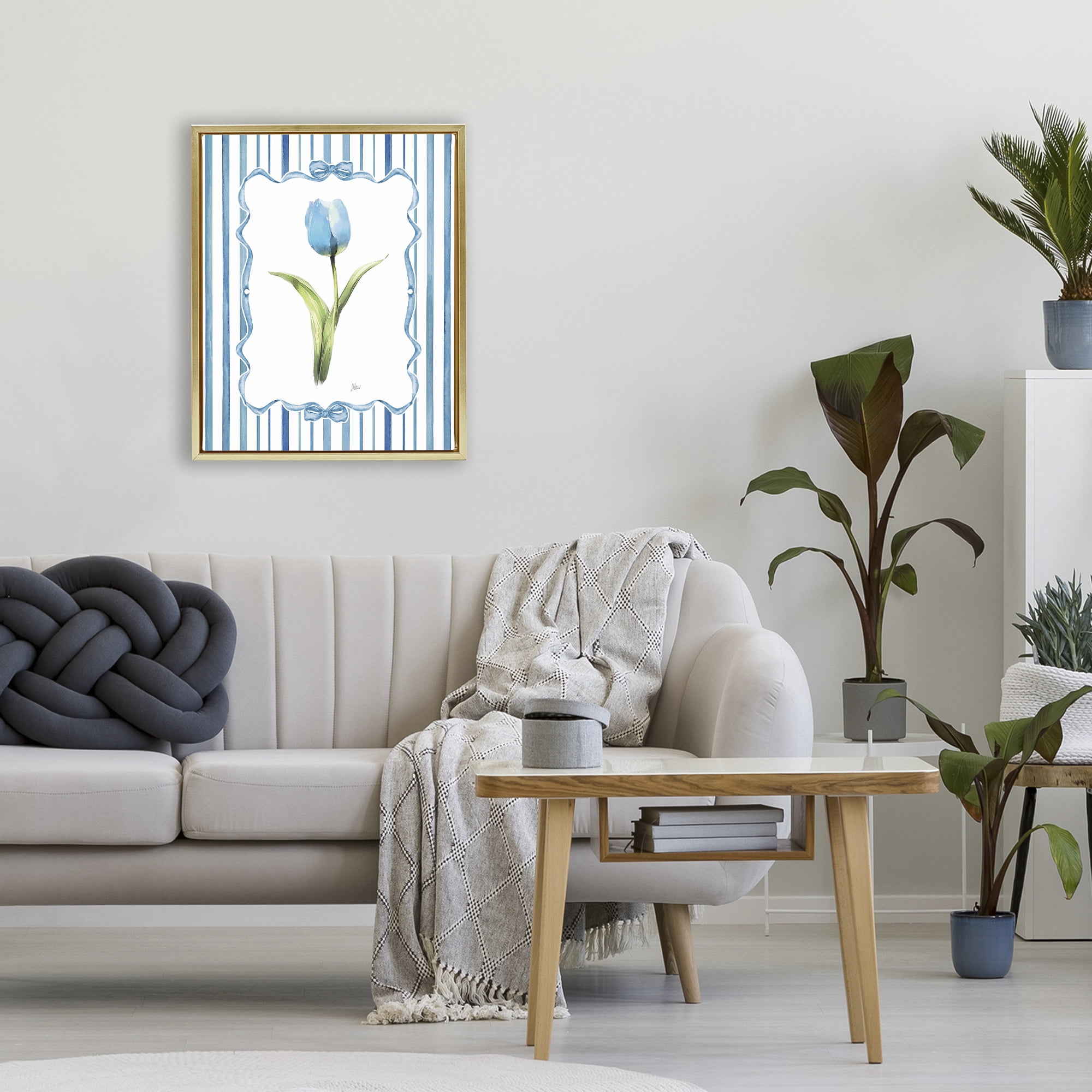 Stupell Industries Single Blue Tulip Stripes Gold Framed Floater Canvas Wall Art, design by Nan