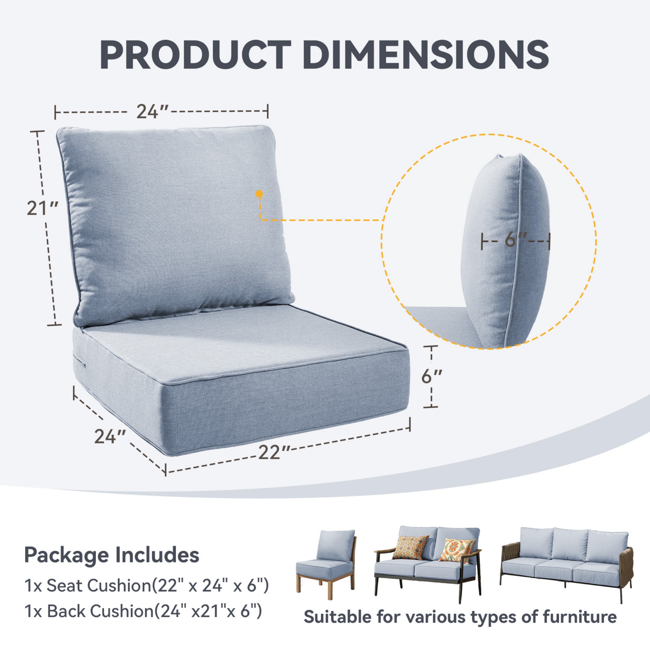 Unnifurnzi Patio Chair Cushions-22 x 24 x 6 Inch Outdoor Furniture Cushion with Water Resistant & Removable Cover Outdoor Chair Cushion for Outdoor Furniture Sofa Couch-Baby Blue