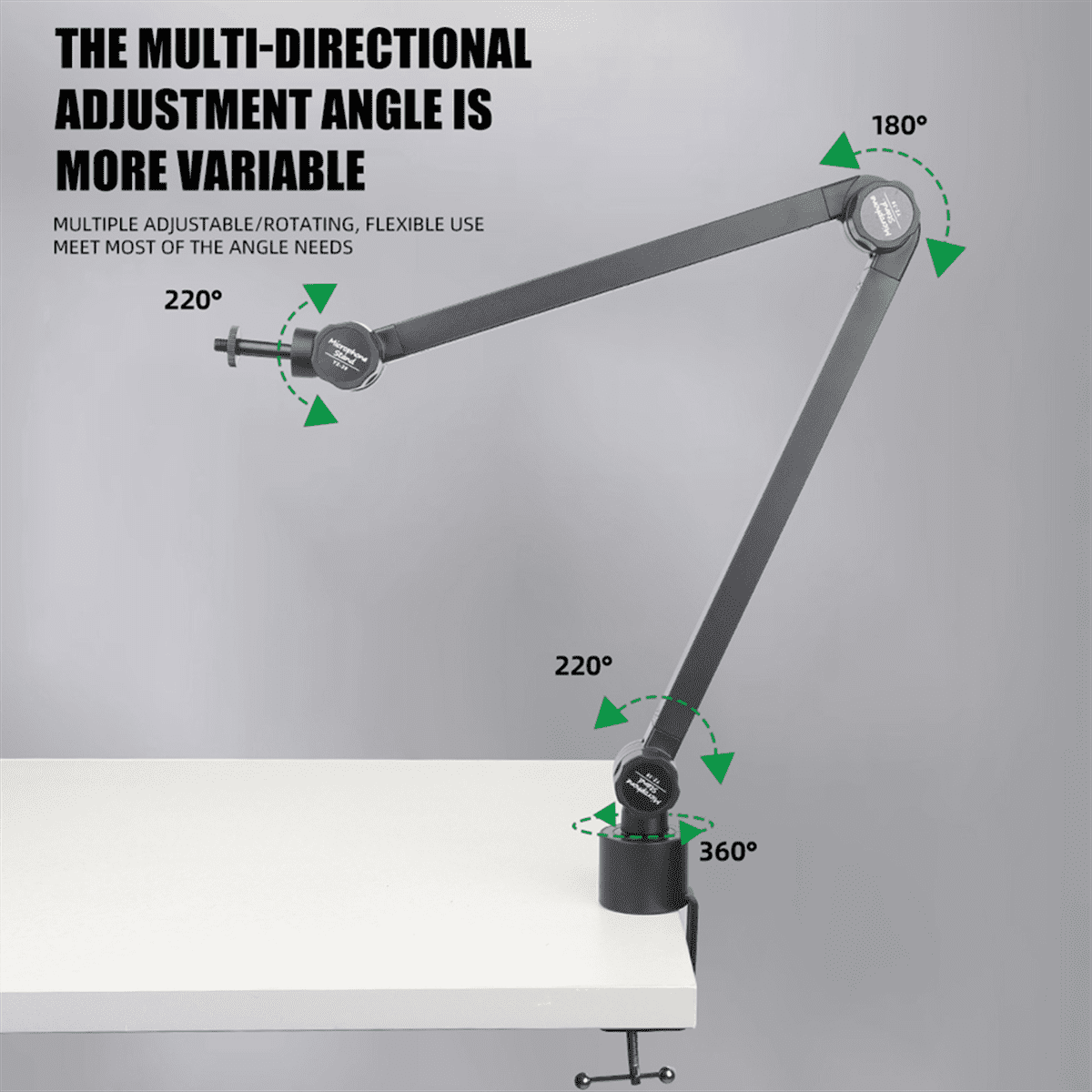 Foldable Microphone Holder Suspension Boom Scissor Arm Stand Holder with Mic Clip Table Mounting Clamp,1 x microphone boom stand 1 x desktop base 1 x microphone clip 1 x nut 5 x Nylon buckle,Black