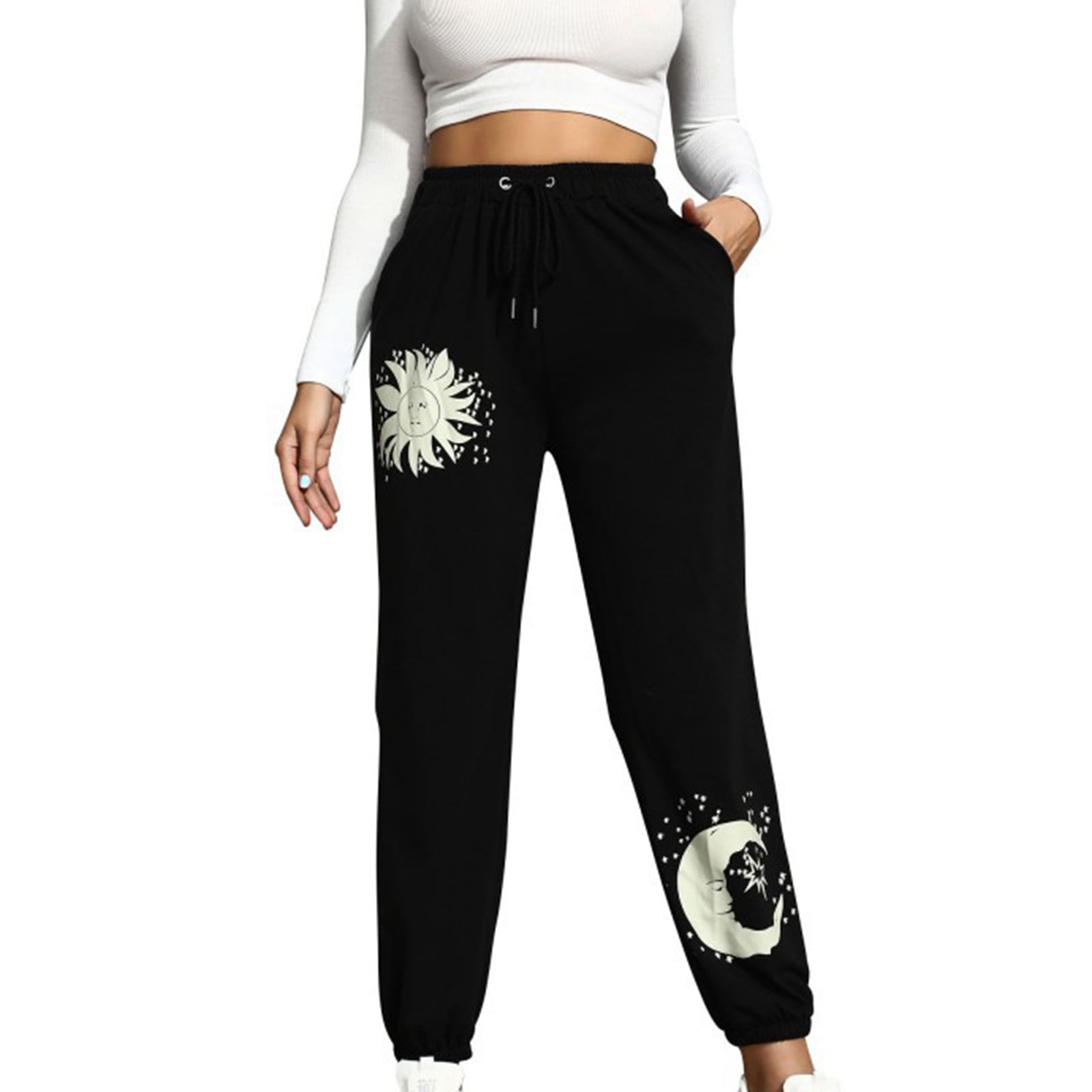 YWDJ Sweatpants Women Baggy Casual Leggings Pocket Elastic Lace Up Star Moon Print Solid