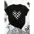 thumbnail image 2 of Women's Black "Distressed Checkerboard Heart" Graphic T-Shirt, Crew Neck Casual Top, 2 of 7