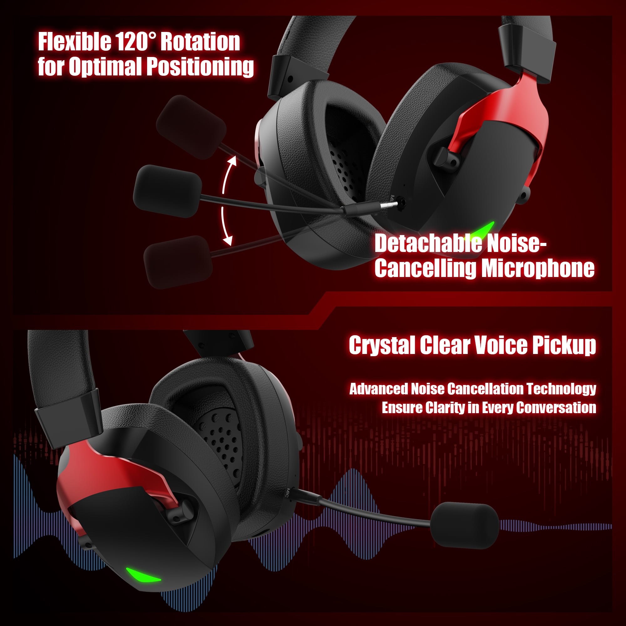 Mollan Bluetooth Wireless Gaming Headphones, Over-Ear with Noise-Canceling Mic, 40H Playtime, RGB, Red