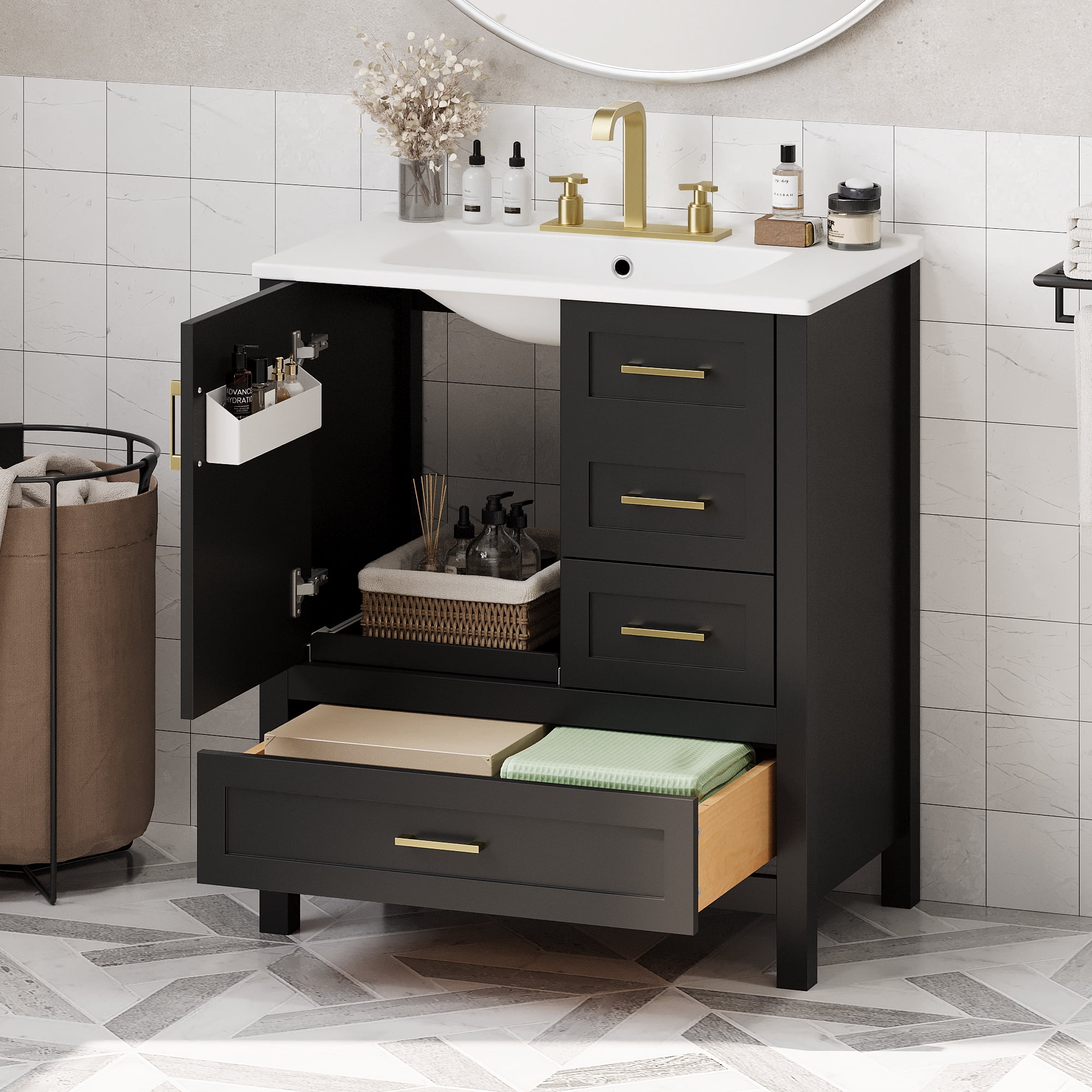Euroco 30" Black Bathroom Vanity with Sink Combination Set, Bathroom Storage Cabinet with Soft Close Door, 3 Soft Close Drawers and Removable Tray, Solid Wood Frame