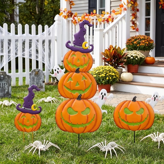 Leyaron Halloween Garden Decor, Stacked Metal Pumpkins with Witch Hat, Shimmering Halloween Yard Pumpkin Stake for Outdoor Patio Pathway Decorations