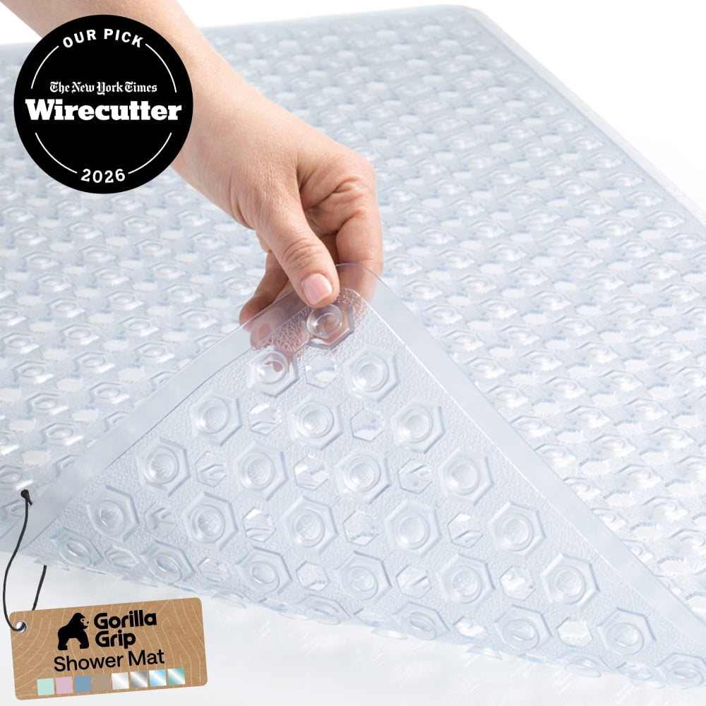 GORILLA GRIP Patented Bath Tub Shower Mat, Machine Washable Bathtub Floor Liner Mats, Suction Cups and Drain Holes to Keep Tubs Clean, Soft on Feet, Bathroom Essentials, 35x16 Inch, Clear