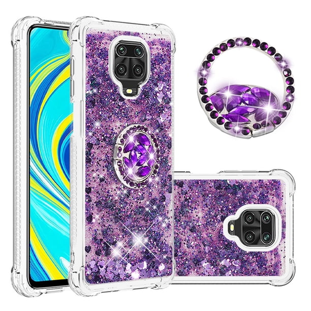 Funda para Xiaomi Redmi Note 9S/Note 9 PRO con Brillo Líquido Flotante, Purpurina, Parachoques y Anillo Giratorio Soporte