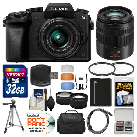 Panasonic Lumix DMC-G7 4K Wi-Fi Digital Camera & 14-42mm (Black) with 45-150mm Lens + 32GB Card + Case + Battery + Tripod + Tele/Wide Lens