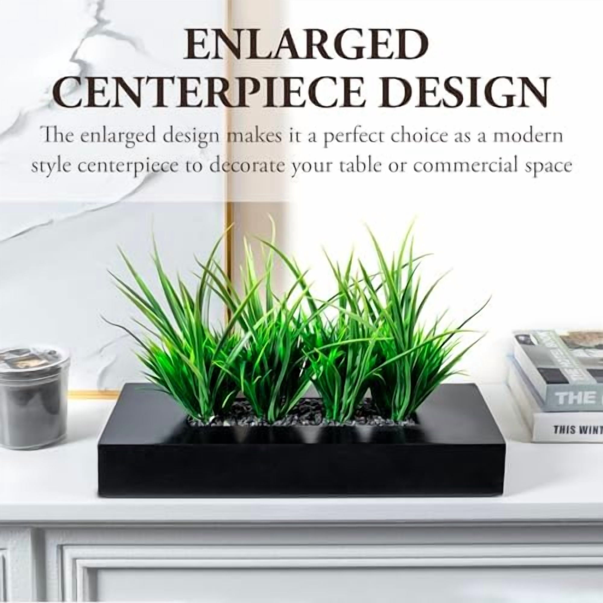 Large Artificial Green Grass Plants Potted in 14-Inch Matte Black Wood Decorative Planter, Tabletop Faux Greenery in Wooden Rectangular Pot Centerpiece Décor