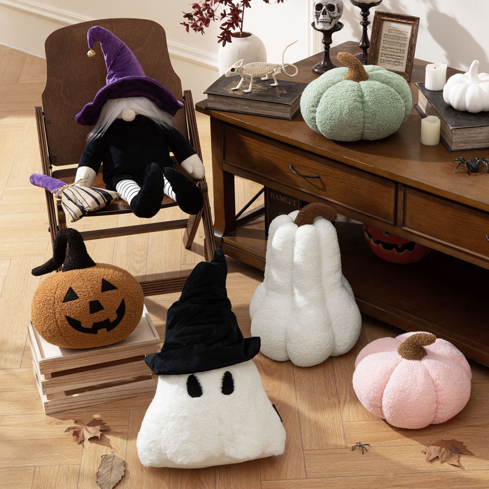 Phantoscope Halloween Ghost Shaped Throw Pillow, Witch Hat Design, Soft Faux Rabbit Fur Decorative Pillow, Spooky Cushion for Couch and Sofa, White, 19 x 14 in