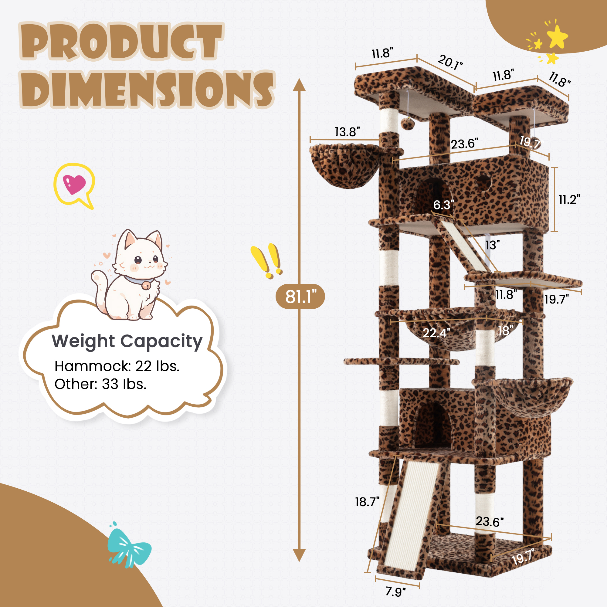 Sha Cerlin 81" Large Cat Tree Tower with Cat Condo & Hammock, Multi-Level & Sisal Scratching Post, Leopard Print