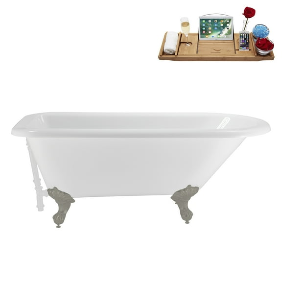 62" Streamline N4840BGM-WH Soaking Clawfoot Tub and Tray With External Drain in Glossy White and Brushed Gun Metal Clawfeet