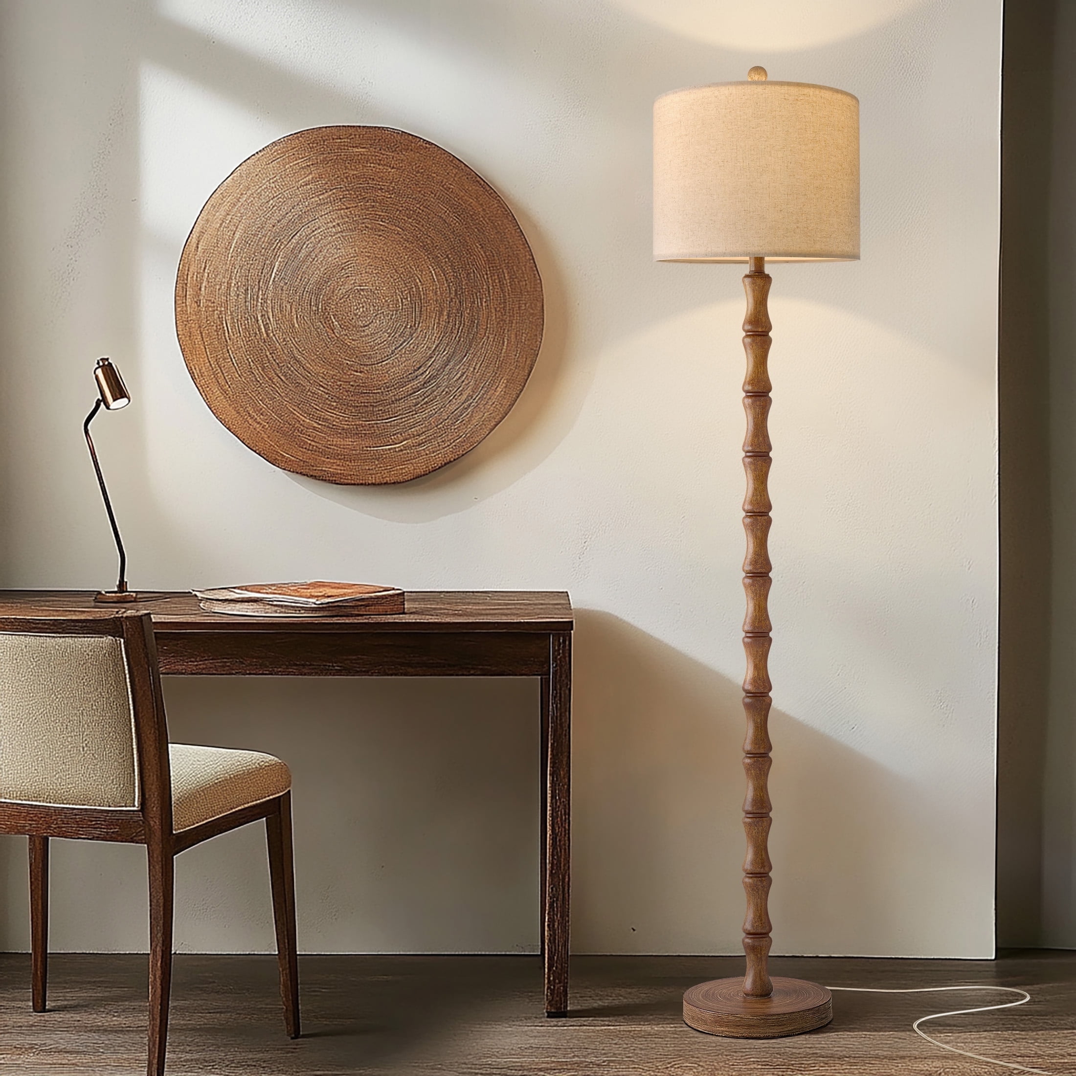 Oneach 62" Retro Floor Lamp for Living Room,Vintage Natural Wood Grain Tall Standing Lamp for Bedroom, Office,Decor