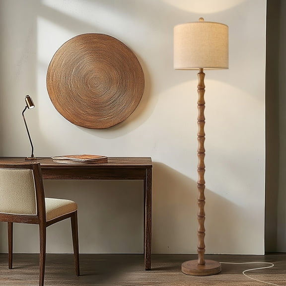 Oneach 62" Retro Floor Lamp for Living Room,Vintage Natural Wood Grain Tall Standing Lamp for Bedroom, Office,Decor