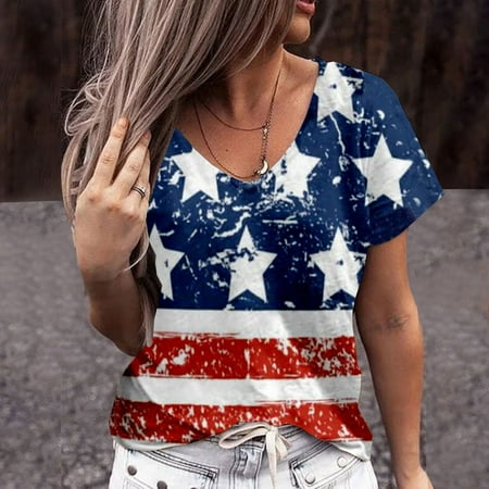 

Womens Summer Short Sleeve Tunic Tops American Flag Print V Neck Tunic Tee Shirts Comfy Soft Loose Fit Blouses