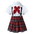 thumbnail image 3 of Alvivi Girls School Uniform Short Sleeve Shirt Plaid A-line Skirt with Suspenders Bowknot Tie Set White 14, 3 of 8