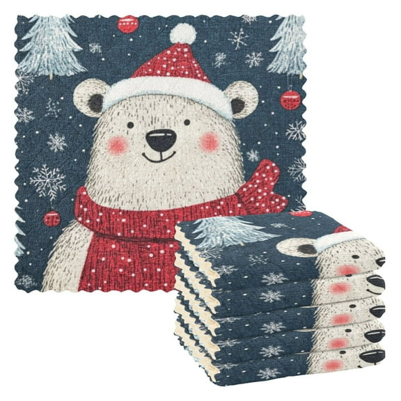 6 Pieces of Kitchen Towels 11x11Inch Kitchen Dish Cloths Kitchen Dish Towels Reuseable Cleaning Cloths Cute Christmas Bear