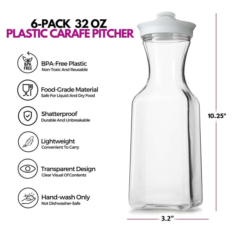 DilaBee Plastic Water Pitcher With Lid (32 Oz) Carafe Pitchers for Drinks,  Milk, Smoothie, Iced Tea Pitcher, Mimosa Bar Supplies - Juice Containers  with Lids for Fridge - Food Grade BPA-Free (6-Pack) 