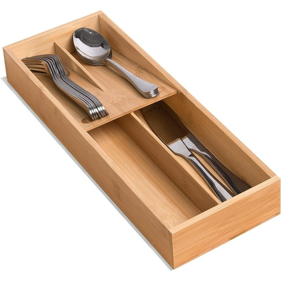 Bamboo Silverware Drawer Organizer, Kitchen Small Utensil Tray Holder, Cutlery for Spoons, Forks, Knives, Suitable a family of 2-4