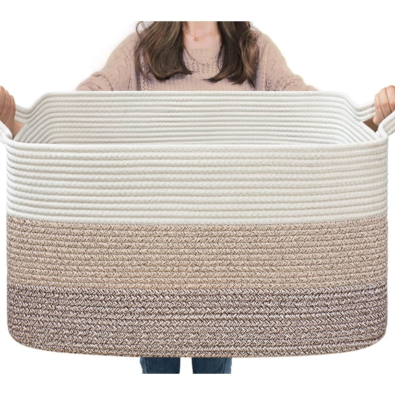 Large Woven Storage Basket, 21.6" x 14.9" x 11.8" Rectangle Rope Baskets for Toy Storage, Blanket Basket for Living Room, Bedroom, Light Brown