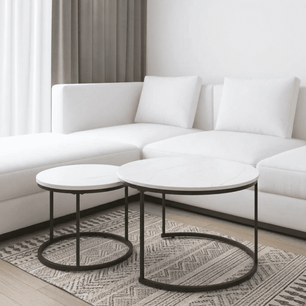 Nesting Coffee Table Set of 2 Round Faux Marble Wood Top Accent End Tables with Sturdy Metal Frame Modern Space-Saving Furniture for Living Room Bedroom Balcony and Small Spaces White