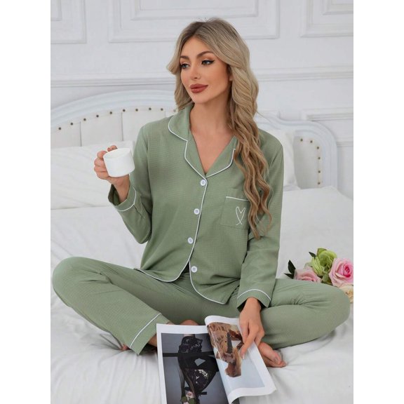 Womens Green Pajama Set, Long Sleeve Button Up Top & Pants with Heart