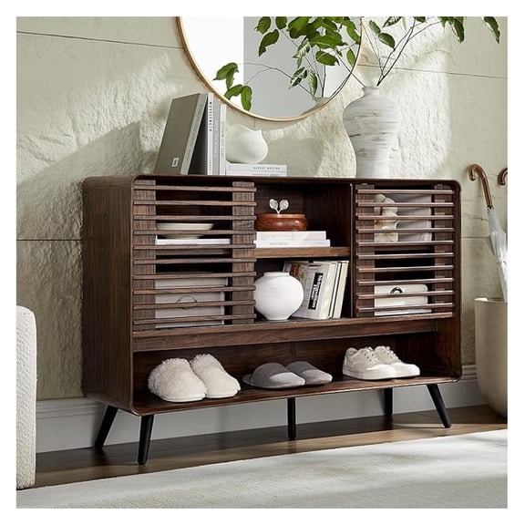 46" Entryway Table with Slatted Sliding Door, Century Modern Console Table w/Adjustable Storage Shelf, Wood Sofa Table Behind Couch for Hallway, Living Room, Foyer, Dark Walnut