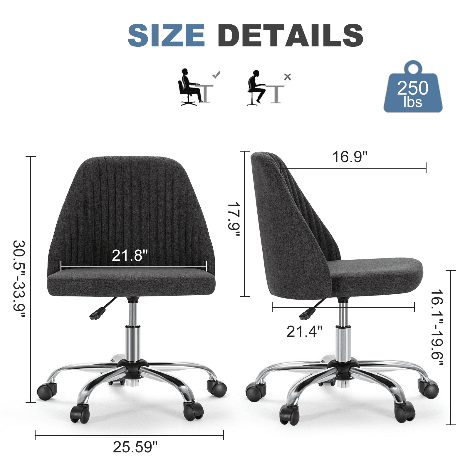 Gianna Home Office Desk Chair, Office Chairs Desk Chair Rolling Task Chair Computer Chair Adjustable with Wheels Armless for Bedroom, Vanity Chair for Makeup Room, Living Room