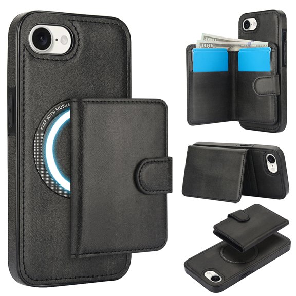 Decase for iPhone 16e Flip PU Leather Back Cover with 2-in-1 Detachable Magnetic Wallet with 5 Card Slots Compatible Mag-Safe and RFlD Blocking Kickstand and Wireless Charging,Black