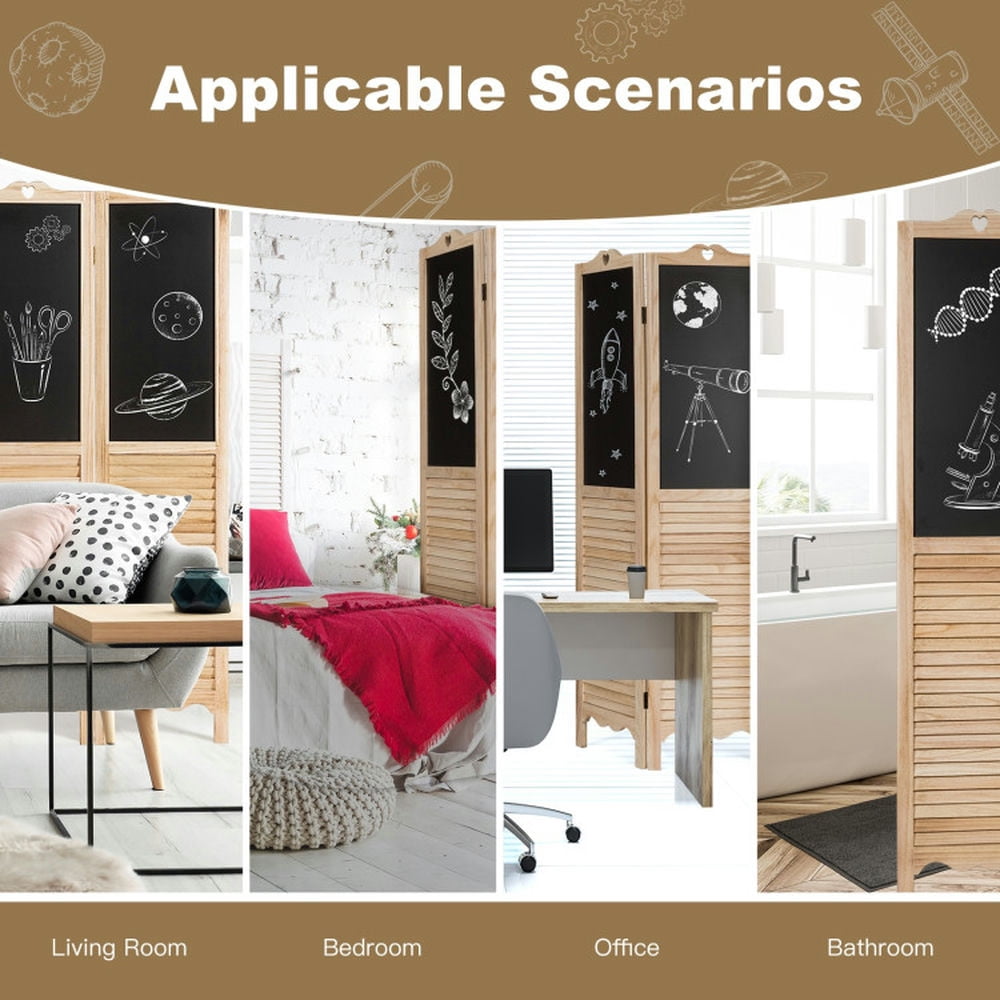 Spaco 4-Panel Folding Privacy Room Divider Screen with Chalkboard, Foldable Privacy Room Divider Screen, Privacy Screen for Indoor as Home, Office, Natural