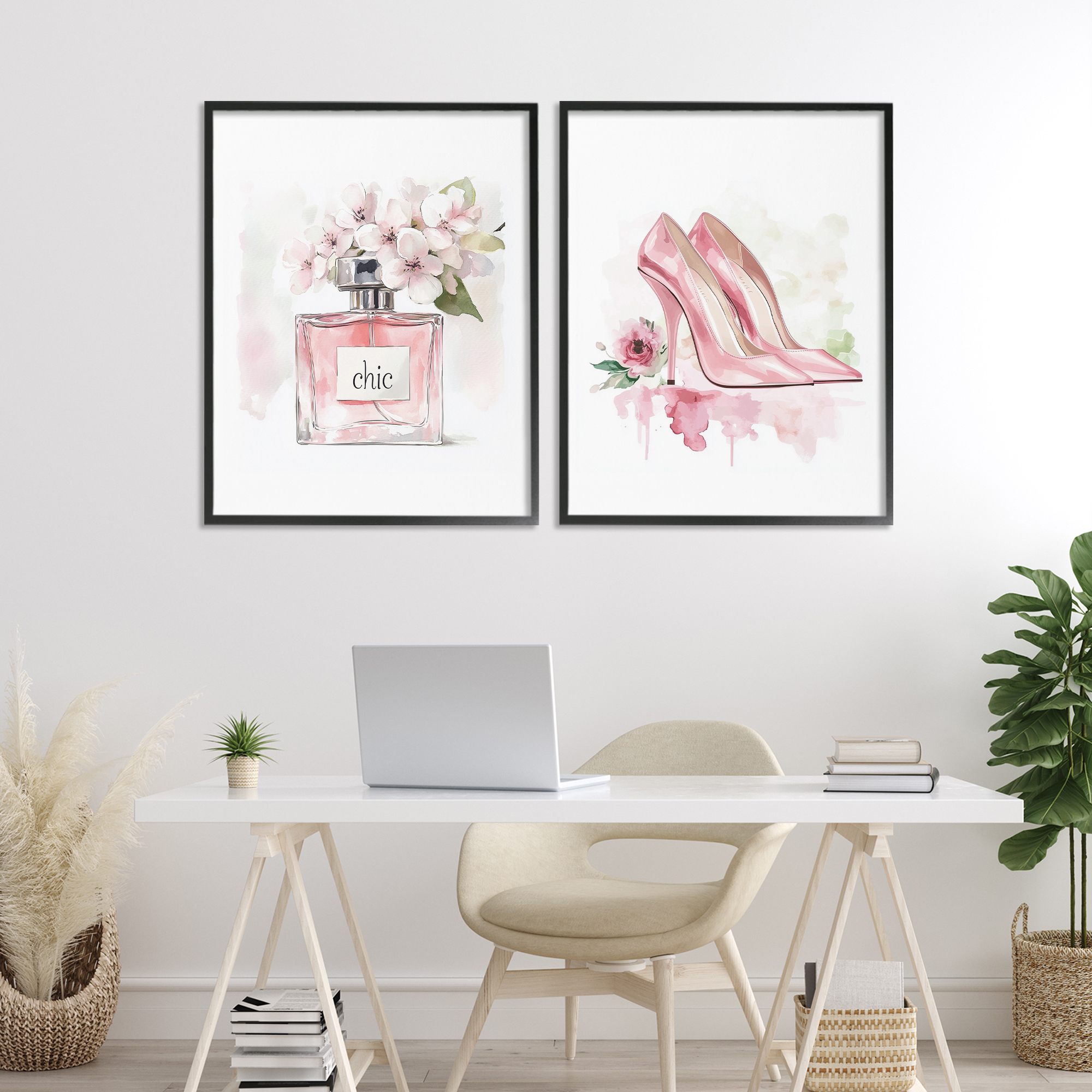 Rosy Pastel Perfume & Heels 2 Piece Black Framed Giclee Art Set, design by Christine Simpson Art