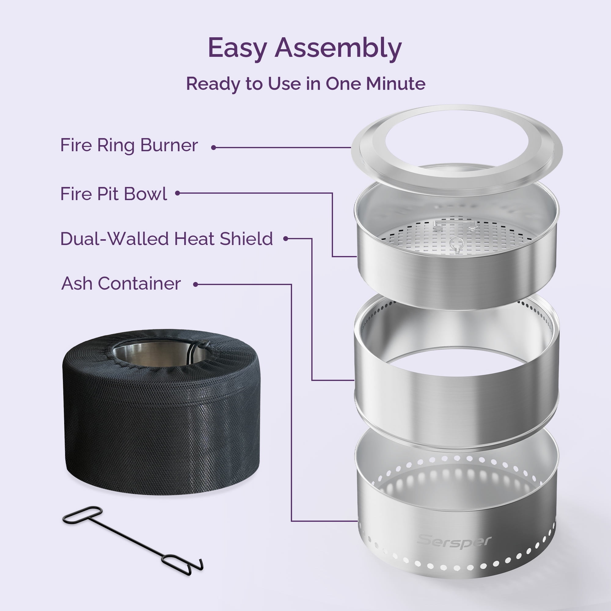 Waykar 19 inch Smokeless Fire Pit for Outside, Portable Collapsible Stainless Steel Firepit with Poker and Carry Bag for Backyard, Patio, Garden, Picnic, Bonfire