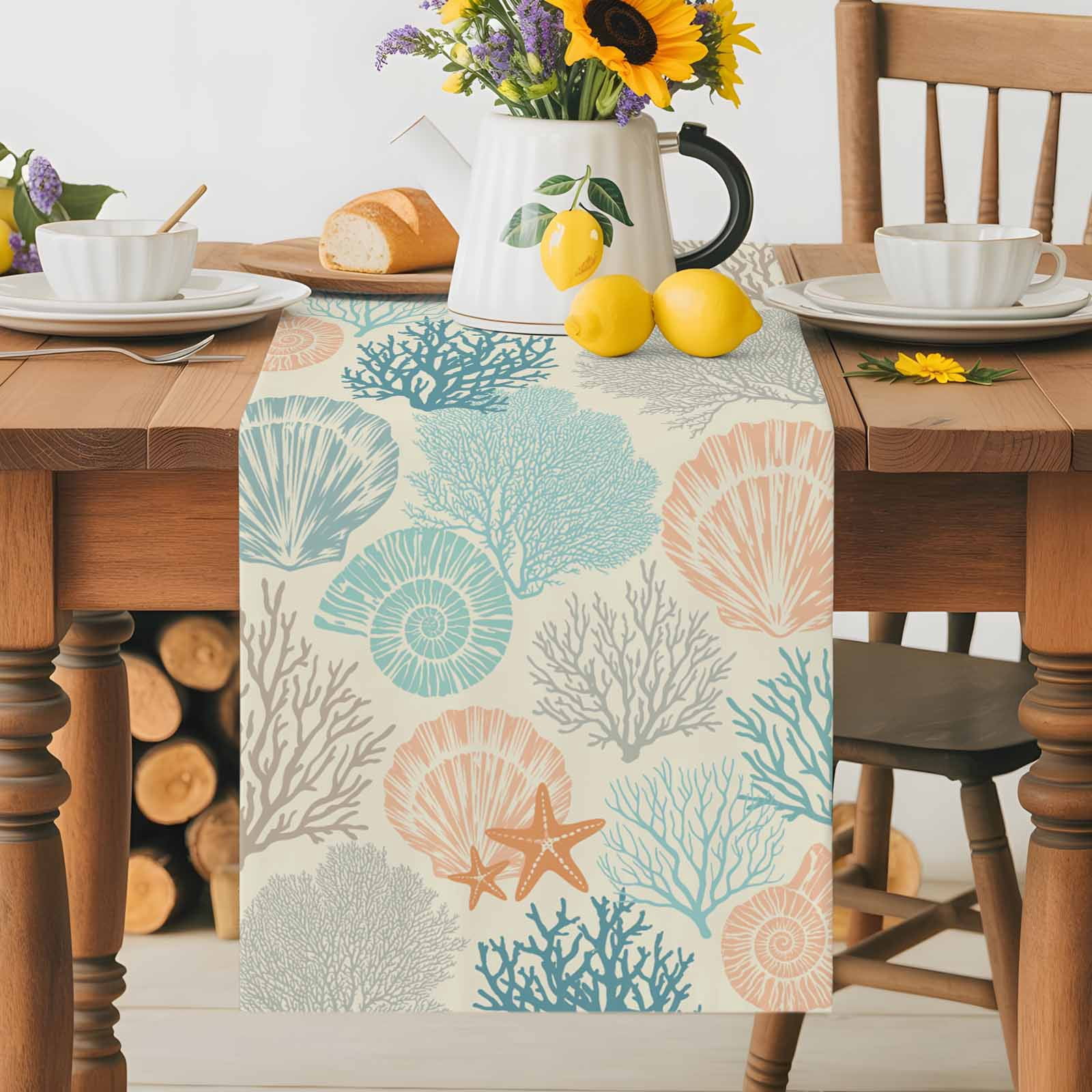 Ocean Coral Shell Conch Starfish Table Runner 90 Inches Long, Retro Underwater World Table Runners Tabletop Scarf Kitchen Dining Tables Decoration for Home Party Indoor Outdoor