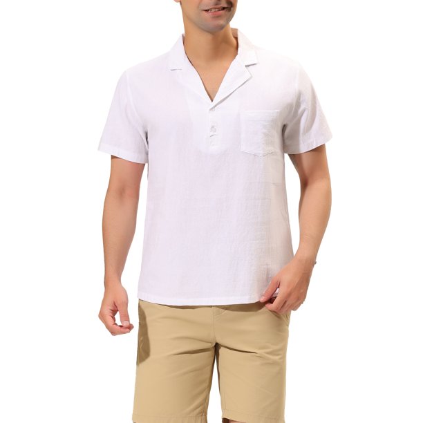 Lars Amadeus Men's Camp Collar Short Sleeve Button Down Pocket Linen