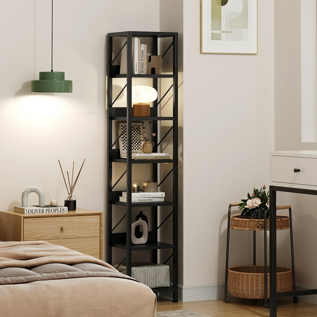 EDTara Rustic Narrow Bookshelf, 6-Tier Storage Rack With Metal Frame, Compact Freestanding Shelf for Corner Use