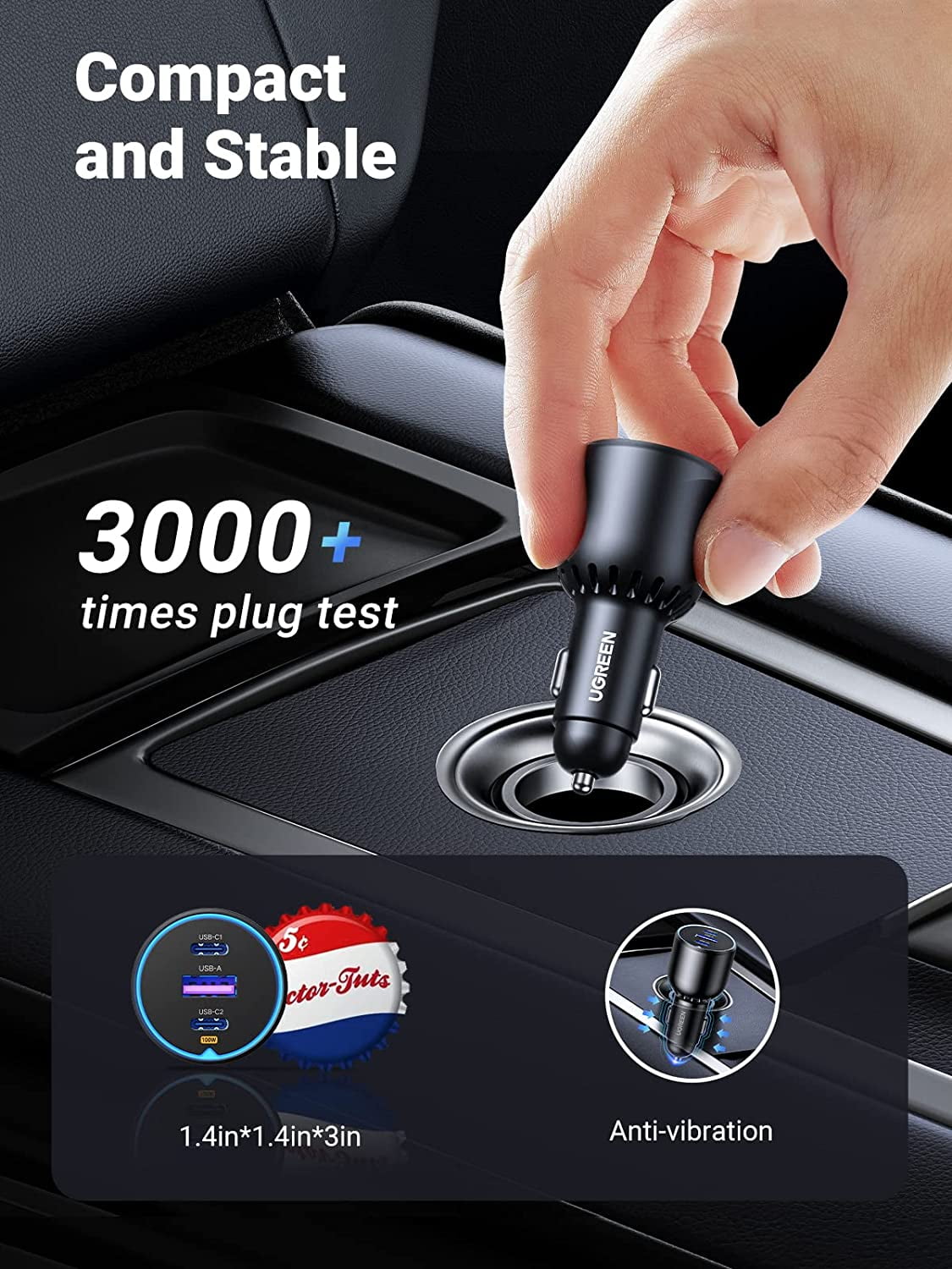 UGREEN 130W USB C Car Charger Adapter for Cellphone Laptop, PD 30W/100W/SCP 22.5W, Black