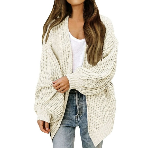 VISALY Chunky Cardigan Sweaters Oversized Sweaters Zip Up Long Lantern Sleeve Open Front Casual Lightweight Soft Knit Cardigan Sweater Outerwear Tunic Tops Thick Top Casual Tops Loose Sweaters Beige L