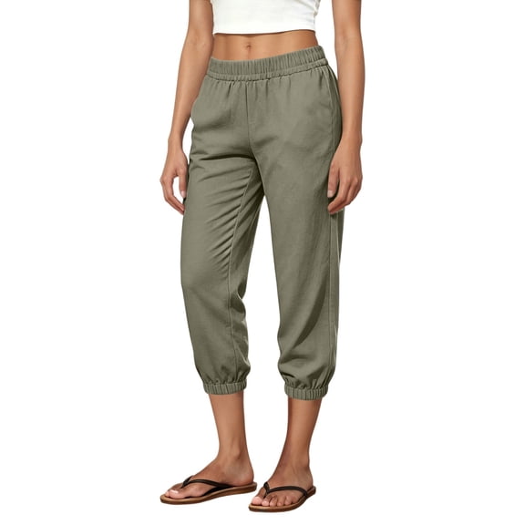 DHFJKG Linen Pants Women Casual Capris Pants Elastic Waist Loose Fit Summer Cropped Trousers For Beach Vacation