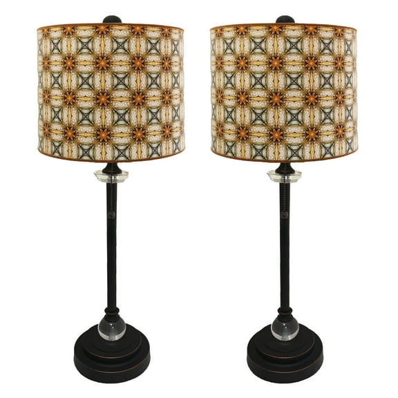 Royal Designs 28" Crystal and Oil Rub Bronze Buffet Lamp with Yellow and Gold Kaleidoscope Design Hard Back Lamp Shade, Set of 2