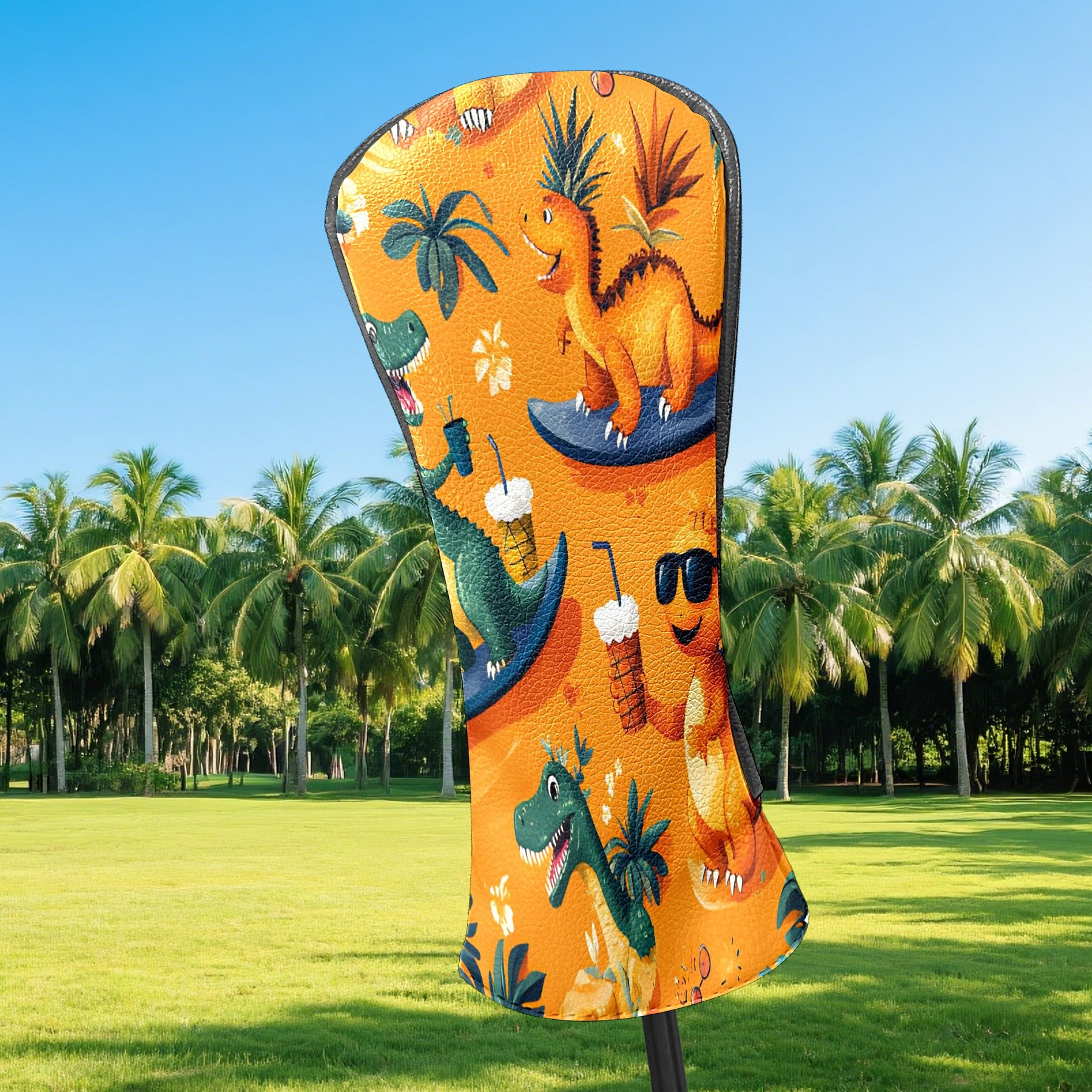 Golf Club Covers, Orange Dino Adventure Premium PU Leather Driver Hybrid Putter Head Covers with Velvet Lining, Waterproof Golf Gifts for Men Women