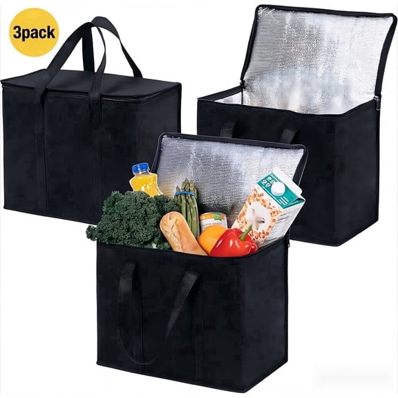 3 Pack Insulated Reusable Grocery Cooler Bags, Large Heavy Duty Shopping Bag with Durable Handles, Double Zipper & Lid, Freestanding Collapsible Food Storage Bag