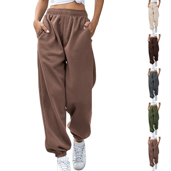 Sentuca Joggers for Women Elastic Bottom High Waisted Baggy Sweatpants with Pockets Solid Color Fashion Workout Trousers Khaki L