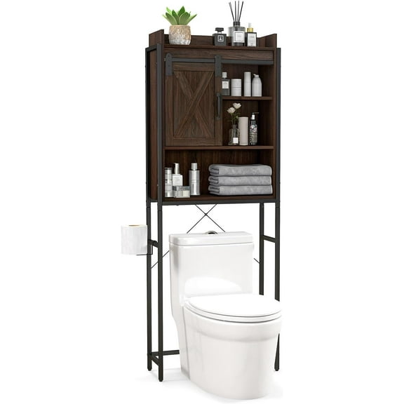 RONG-3 Over The Toilet Storage Cabinet, Freestanding Bathroom Space Saver with Adjustable Shelves & Sliding Barn Door, 4-Tier Over Toilet Bathroom Organizer, 25 x 9.5 x 67.5 inches (Espresso)