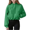 thumbnail image 3 of BiZtdJrK Womens Cropped Hooded Sweatshirt Long Sleeve Oversized Hoodies with Pockets Solid Workout Sweatshirts Green L, 3 of 10