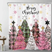 Pink Christmas Shower Curtain with Hooks, Pink and Green Christmas Tree with Snowflake Fabric Shower Curtain, Christmas Plaid Bathroom Curtains Shower Set, 72W X 72L inches