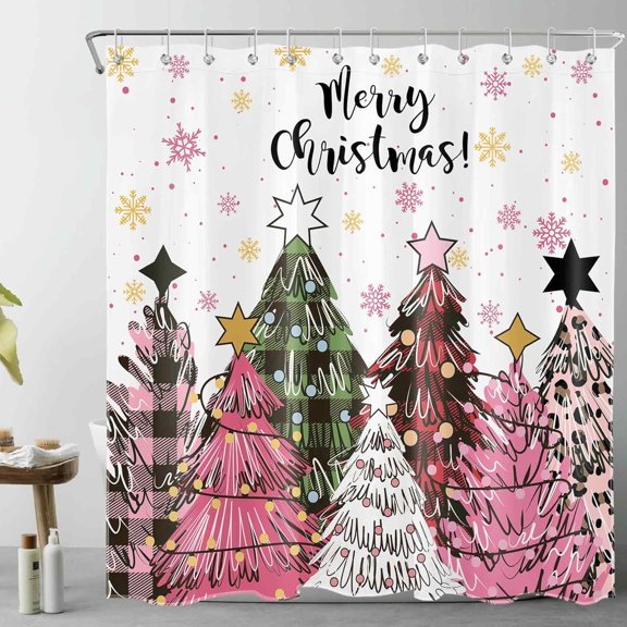 Pink Christmas Shower Curtain with Hooks, Pink and Green Christmas Tree with Snowflake Fabric Shower Curtain, Christmas Plaid Bathroom Curtains Shower Set, 72W X 72L inches