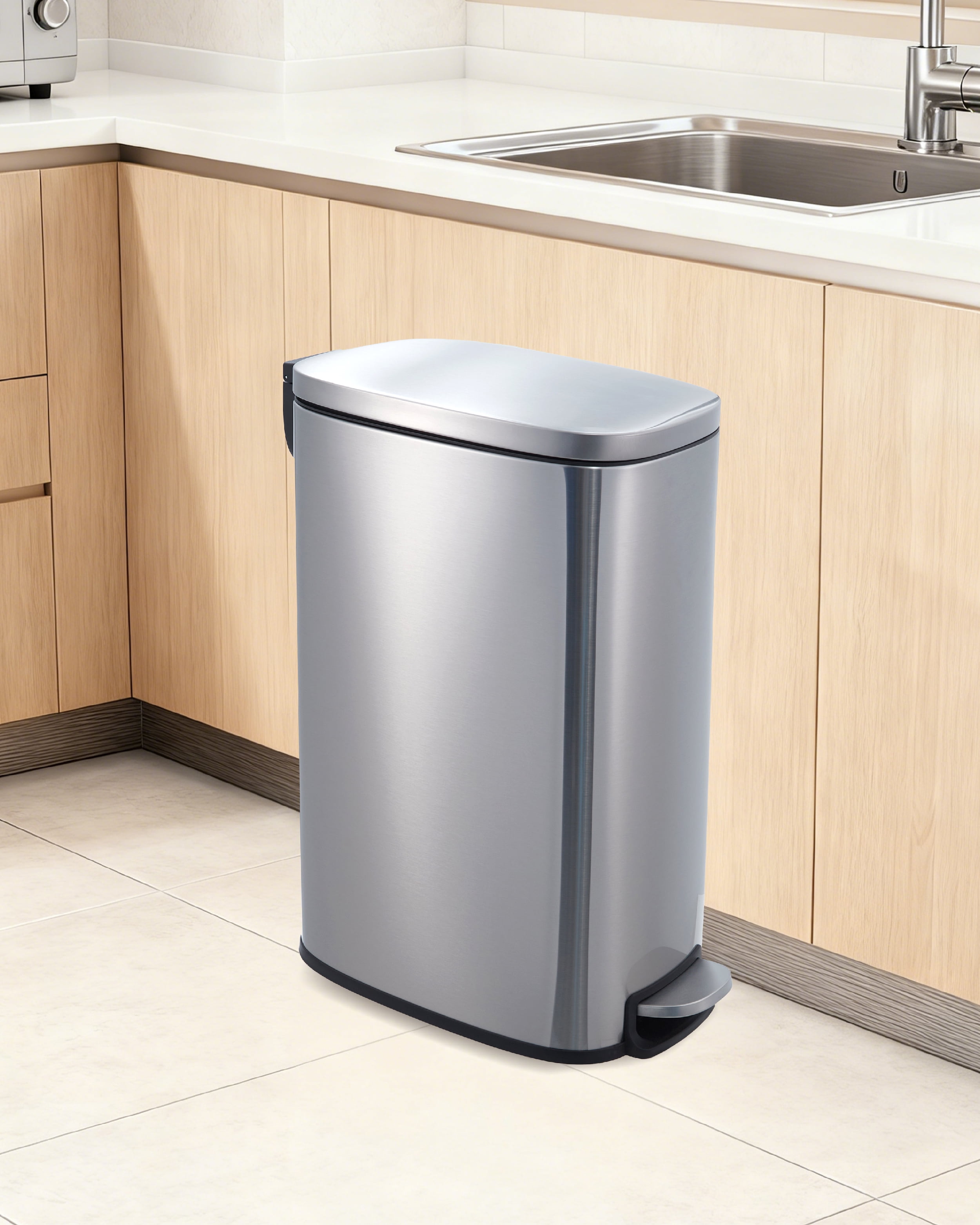 13 Gallon Kitchen Trash Can with Pedal, Slim Stainless Steel Soft Close Lid Bin, Removable Inner Bucket, Space Saving Recycling for Home, Office, Bathroom, Grey EliteEdge