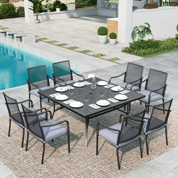 Summit Living 9-Piece Outdoor Dining Set, 8 PCS Steel Chairs with Cushions & 1 Large Square Table with Umbrella Hole, Black & Gray