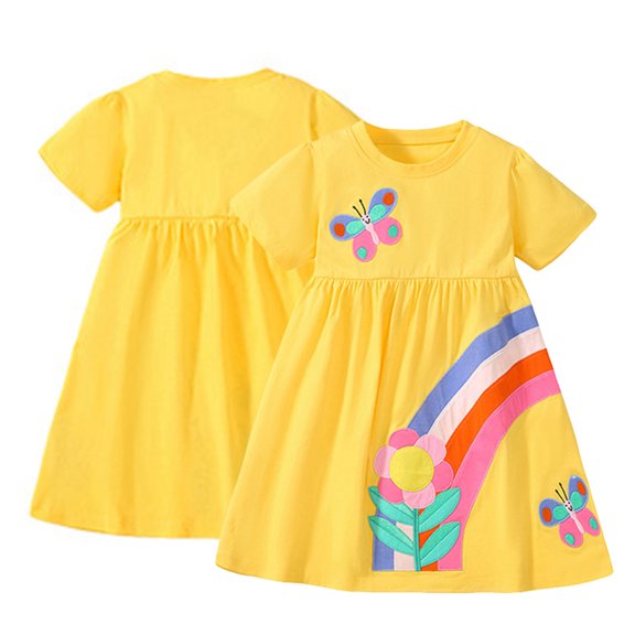 LYMAYTER Toddler Girls Short Sleeve Cotton Dresses Kids Crew Neck Cartoon Dress Baby Casual Loose Dress Playwear for 2-8 Years Old